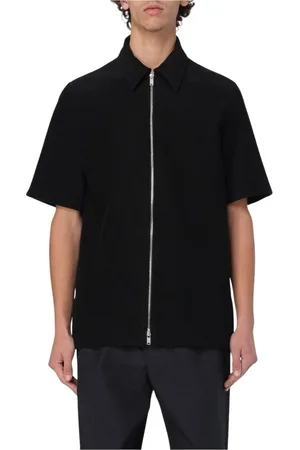 Jil Sander Skjorte, Herre, Sort, L, Bomuld, Sort Ribbet Kortærmet Skjorte