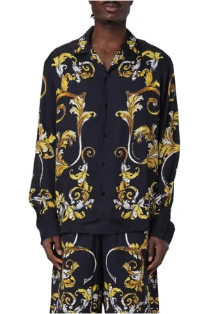 VERSACE Skjorte, Herre, Flerfarvet, L, Uld, Luksus Sort Button-Up Skjorte