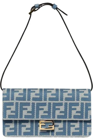 Fendi Taske, Dame, Blå, ONE SIZE, Uld, Beige Skuldertaske med Roma Motiv