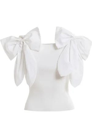 Essentiel Antwerp Top, Dame, Hvid, XS, Uld, Ribbet Off-Shoulder Top med Oversized Bows