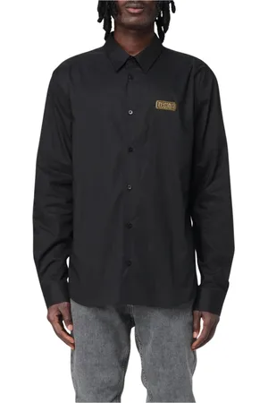 VERSACE Skjorte, Herre, Sort, L, Uld, Sort Logo Skjorte Stilfuld og Sofistikeret