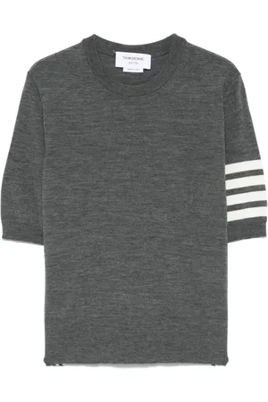 Thom Browne Strik, Dame, Grå, XS, Grå Crew Neck Sweater med Sheer Sleeves