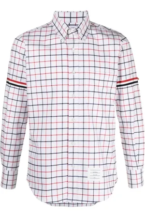 Thom Browne Skjorte, Herre, Flerfarvet, M, Bomuld, Tattersall Check Skjorte Hvid Rød Stribe