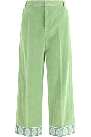 VALENTINO Bukser, Herre, Grøn, M, Bomuld, Velvet Wide-Leg Bomuld Bukser Kontrast Hem