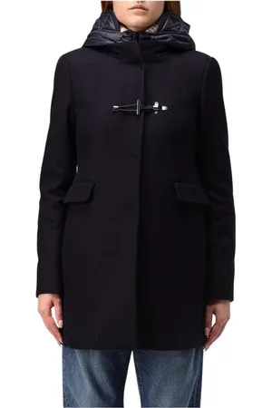 FAY Frakke, Dame, Blå, 2XL, Uld, Hætteklædt uldfrakke til kvinder