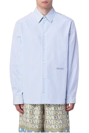 VERSACE Skjorte, Herre, Blå, L, Bomuld, Blå Pinstripe Skjorte Luksus Stil