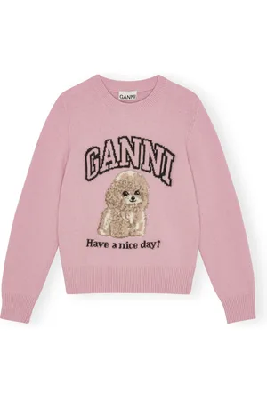Ganni Strik, Dame, Lyserød, XS, Uld, Uld Pudel Crewneck Sweater med Hundemotiv