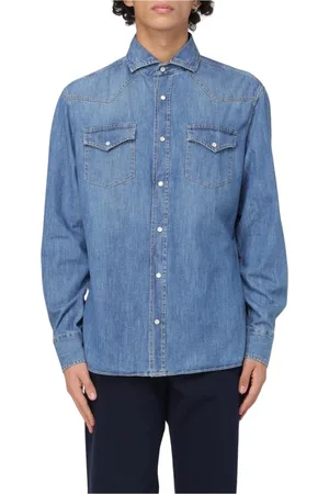 Brunello Cucinelli Skjorte, Herre, Blå, S, Denim, Blå Denim Western Skjorte