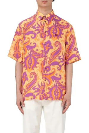 Etro Skjorte, Herre, Flerfarvet, L, Linned, Orange Paisley Linned Polo Skjorte