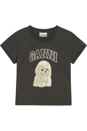 Ganni Top, Dame, Sort, XS, Uld, Sort Grafisk Print T-shirt med Crew Neck