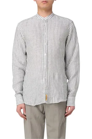 B.D.BAGGIES Skjorte, Herre, Flerfarvet, L, Linned, Stribet Mandarin Krave Linned Skjorte