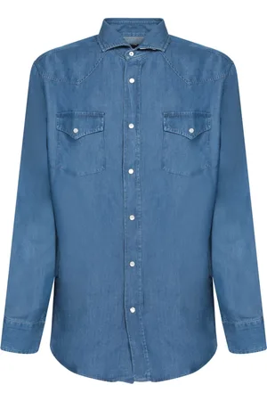 Brunello Cucinelli Skjorte, Herre, Blå, 2XL, Denim, Blå Denim Western Skjorte
