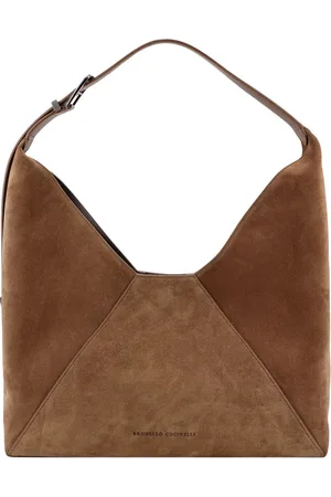 Brunello Cucinelli Taske, Dame, Brun, ONE SIZE, Uld, Suede Skuldertaske med Graveret Logo