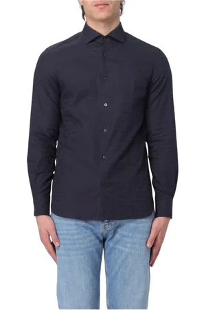 Emporio Armani Skjorte, Herre, Blå, XL, Bomuld, Logo Print Skjorte