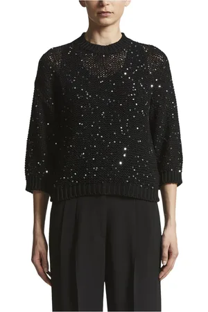 PESERICO SIGN Strik, Dame, Sort, M, Bomuld, Bomuldssløjfe sweater med palietter
