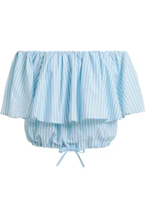 Essentiel Antwerp Bluser & Skjorter, Dame, Blå, XS, Uld, Stribet Off-Shoulder Bluse i Blå/Hvid