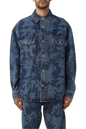 Palm Angels Skjorte, Herre, Blå, M, Denim, Blå Denim AllOver Print Skjorte