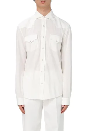 Brunello Cucinelli Skjorte, Herre, Hvid, L, Linned, Hvid Linned WesternStyle Skjorte