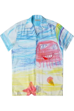 PAURA Skjorte, Herre, Flerfarvet, M, Uld, Levende Beach Scene Print Skjorte