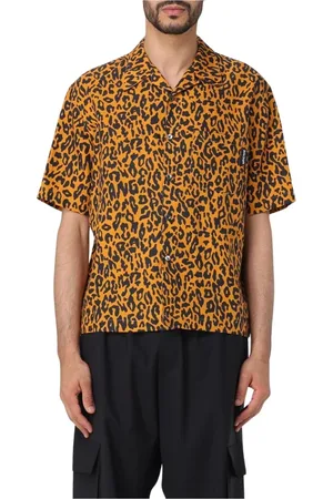 Palm Angels Skjorte, Herre, Flerfarvet, M, Uld, Multifarvet Leopard Print Kortærmet Skjorte