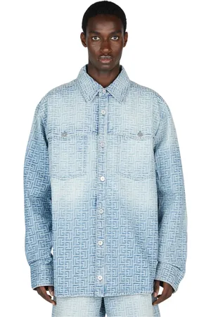 Balmain Skjorte, Herre, Blå, L, Denim, Monogram Jacquard Denim Skjorte