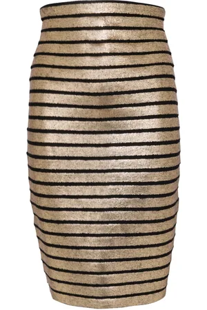 Balmain Nederdel, Dame, Gul, M, Uld, Guld Stribet Strik Knæ Nederdel