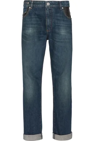 Balmain Jeans, Herre, Blå, W33, Læder, Straight-leg jeans med læderlommer
