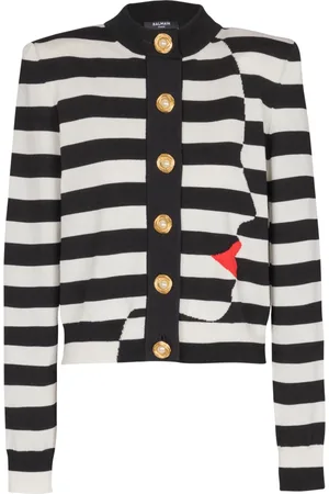 Balmain Strik, Dame, Sort, M, Uld, Strikket Marinière cardigan med ansigtsmotiv