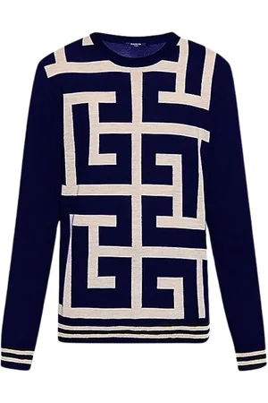 Balmain Sweathshirts & Hoodies, Dame, Flerfarvet, S, Uld, Marineblå og hvid Monogram Jacquard Uldtrøje