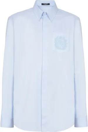 Balmain Skjorte, Herre, Blå, L, Bomuld, Broderet bomuldsskjorte med emblem