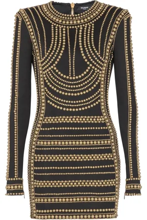 Balmain Kjole, Dame, Flerfarvet, XS, Uld, Kort kjole broderet med gyldne perler