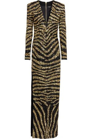 Balmain Kjole, Dame, Gul, 2XL, Uld, Lang broderet zebra kjole