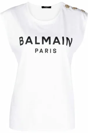 Balmain Top, Dame, Hvid, M, 3-knaps Hvid/Sort T-shirt