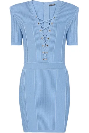 Balmain Kjole, Dame, Blå, L, Uld, Kort snøret kjole