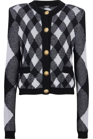 Balmain Strik, Dame, Sort, S, Uld, Gingham strikket cardigan