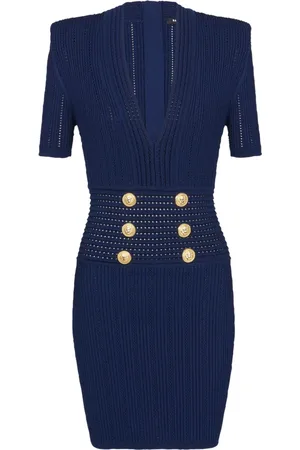 Balmain Kjole, Dame, Blå, XS, Uld, Strikket Minikjole Med Prægede Knapper