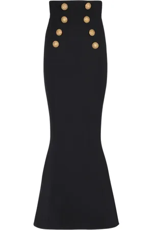 Balmain Nederdel, Dame, Sort, S, Uld, Højtaljet lang nederdel med knapper