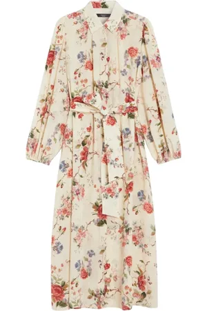 Max Mara Kjole, Dame, , S, Blomstret silkekjole med pufærmer