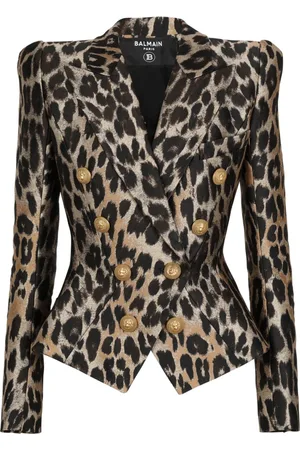 Balmain Jakke, Dame, Brun, XS, Uld, Slim-fit jakke i leopard jacquard