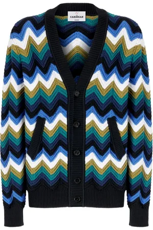 Missoni Strik, Herre, Blå, L, Uld, Blå Strik Cardigan Sweater