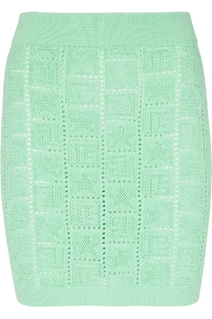 Balmain Nederdel, Dame, Grøn, S, Uld, Åbenvævet monogramstrikket nederdel