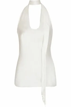 Balmain Top, Dame, Hvid, XS, Satin, Rygløs frynset satin top