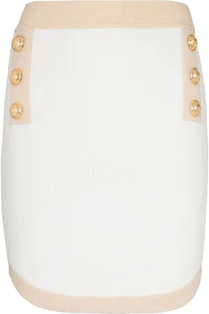 Balmain Nederdel, Dame, Hvid, M, Uld, Kort strikket nederdel med guldkant