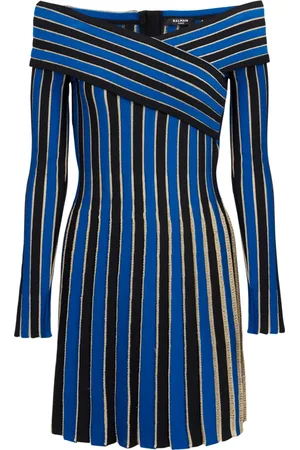 Balmain Kjole, Dame, Blå, 2XS, Uld, Metallic Stribet Strikkjole