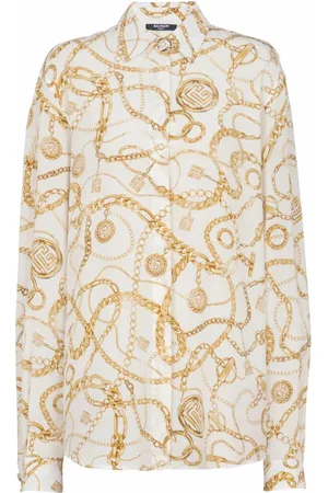 Balmain Bluser & Skjorter, Dame, Gul, XS, Trykt silkeskjorte med kædemønster