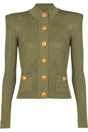 Balmain Strik, Dame, Grøn, XS, Uld, Gingham Openwork Strikket Cardigan