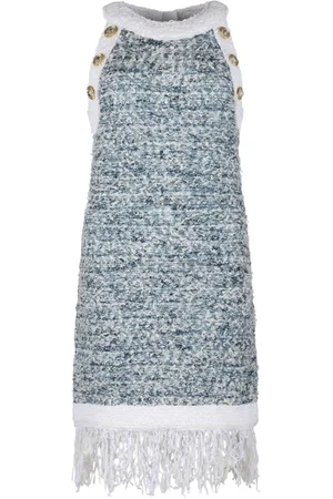 Balmain Kjole, Dame, Blå, M, Tweed, Frynset tweed minikjole med frynser