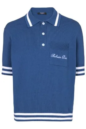 Balmain Top, Herre, Blå, M, Blå Knappet Polo Skjorte Kort Ærme
