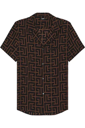 Balmain Skjorte, Herre, Brun, M, Bomuld, Monogram Print SS Skjorte Mørkebrun/Sort