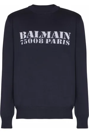 Balmain Strik, Herre, Blå, S, Uld, Stamp merino uld sweater